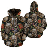 Skull Rose Humming Bird Flower Pattern Zip Up Hoodie