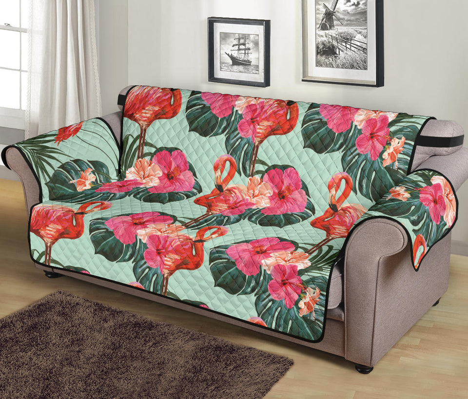 Beautiful flamingo tropical palm leaves hibiscus pateern background Sofa Cover Protector