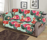 Beautiful flamingo tropical palm leaves hibiscus pateern background Sofa Cover Protector