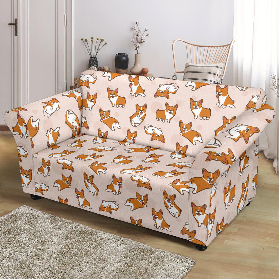 Cute Corgis Pattern Pink Background Loveseat Couch Slipcover