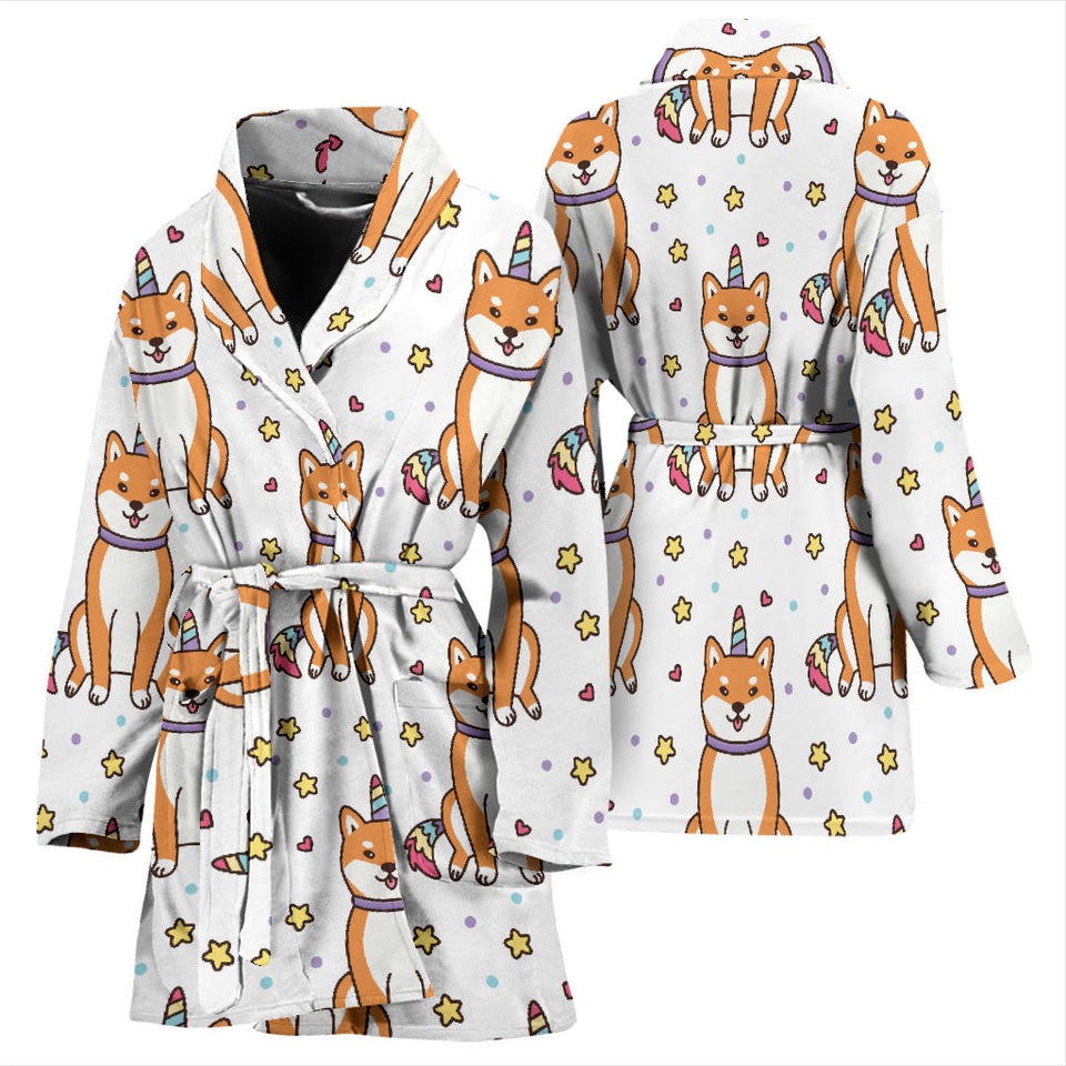 Shiba Inu Unicorn Costume Horn Colorful Tail Pattern Women'S Bathrobe