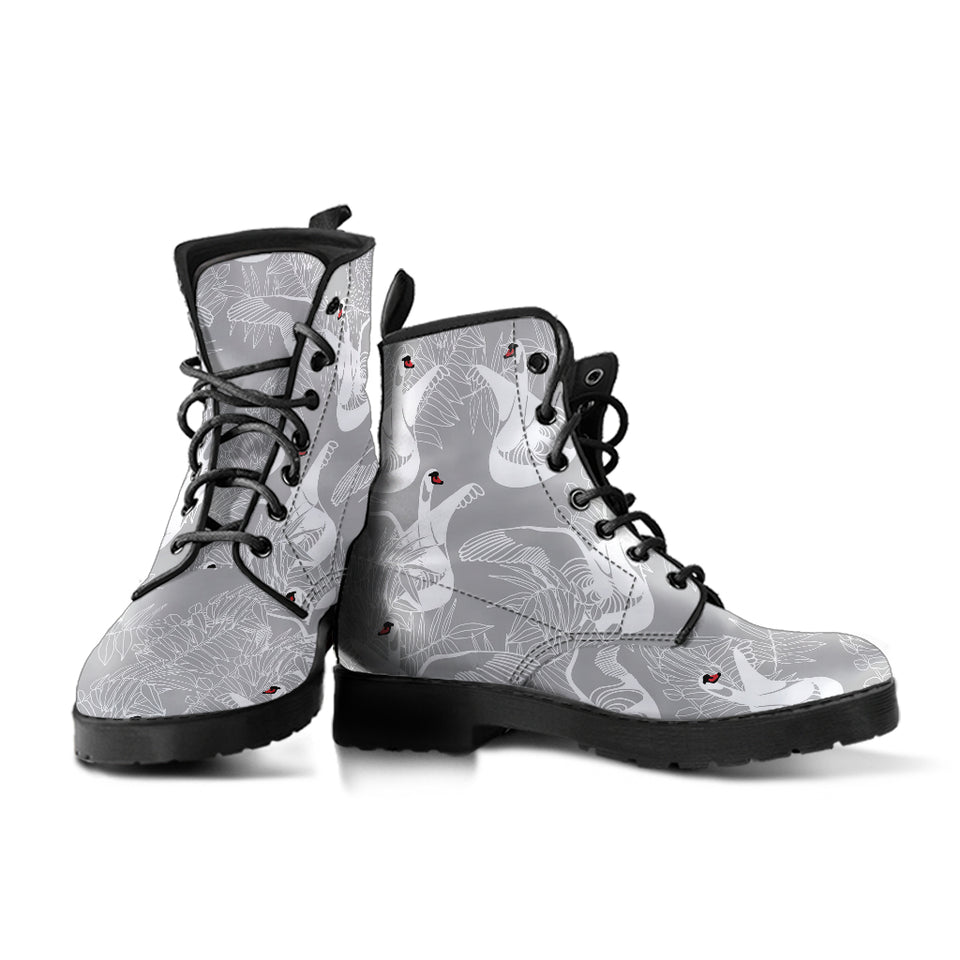 White Swan Gray Background Leather Boots
