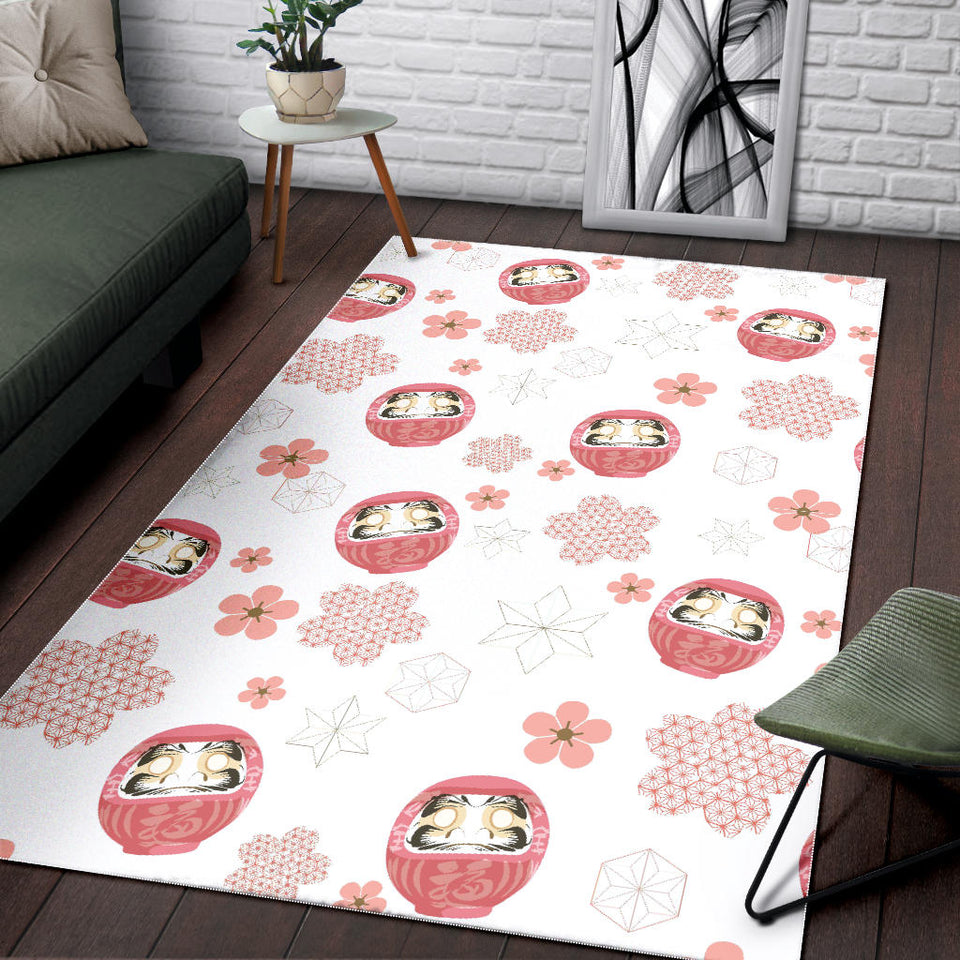 Daruma Japanese Wooden Doll Cherry Blossom Flower Pattern Area Rug