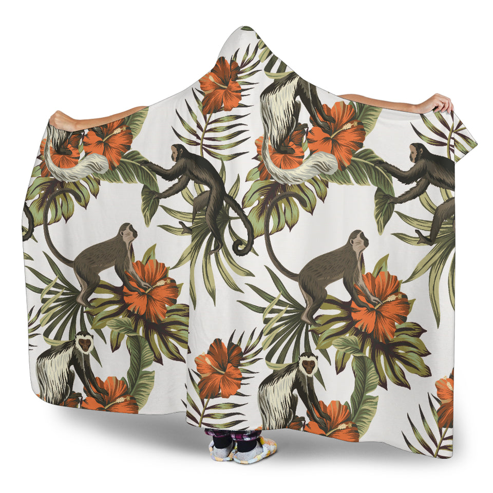 Monkey Red Hibiscus Flower Palm Leaves Floral Pattern Hooded Blanket