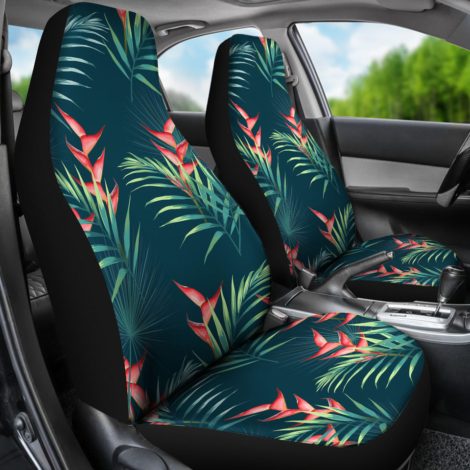 Heliconia Flowers, Palm And Monstera Leaves On Black Background Pattern Universal Fit Car Seat Covers