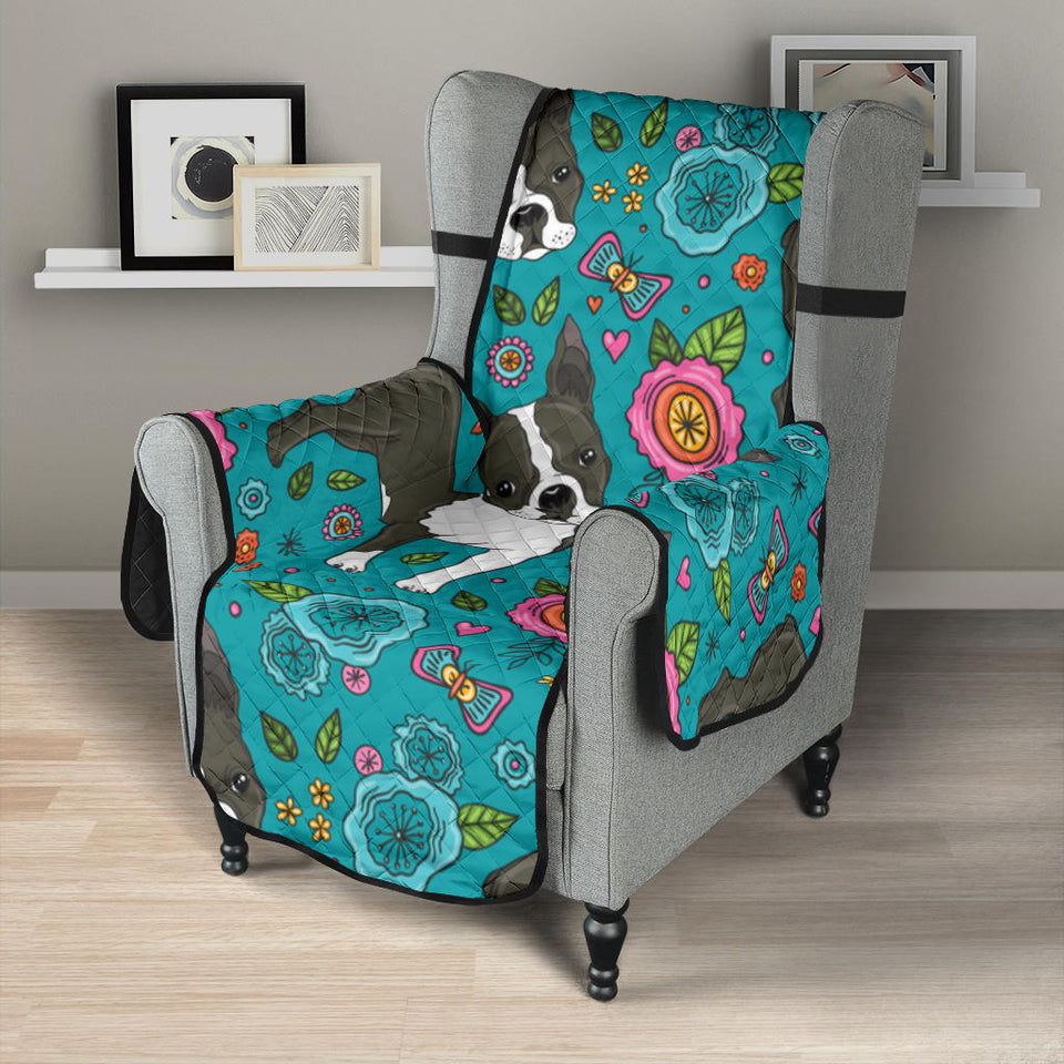 Boston terrier beautiful flower pattern Chair Cover Protector