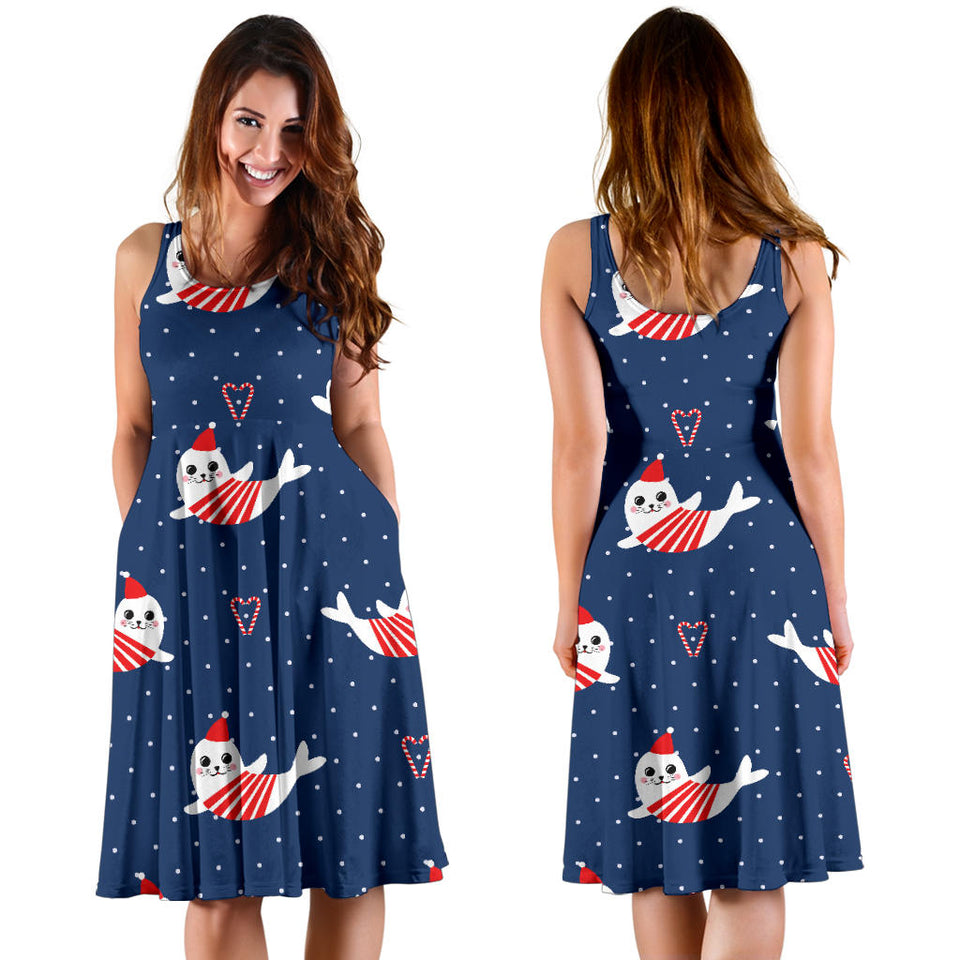 Cute Sea Lion Seal Christmas Hat Candy Cane Heart Pattern Sleeveless Midi Dress