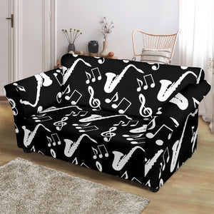 Saxophone Music Notes Treble Clef Black White Theme Loveseat Couch Slipcover