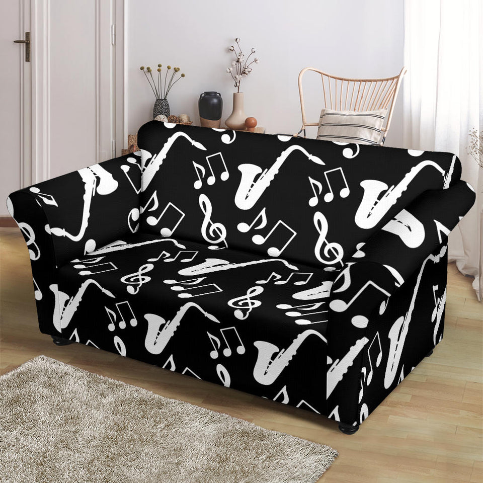 Saxophone Music Notes Treble Clef Black White Theme Loveseat Couch Slipcover