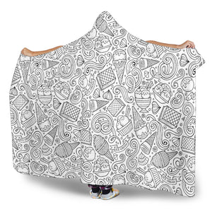 Cartoon Hand Drawn Ice Cream Black White Hooded Blanket