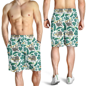 Cute Sloths Tropical Palm Leaves White Background Men Shorts