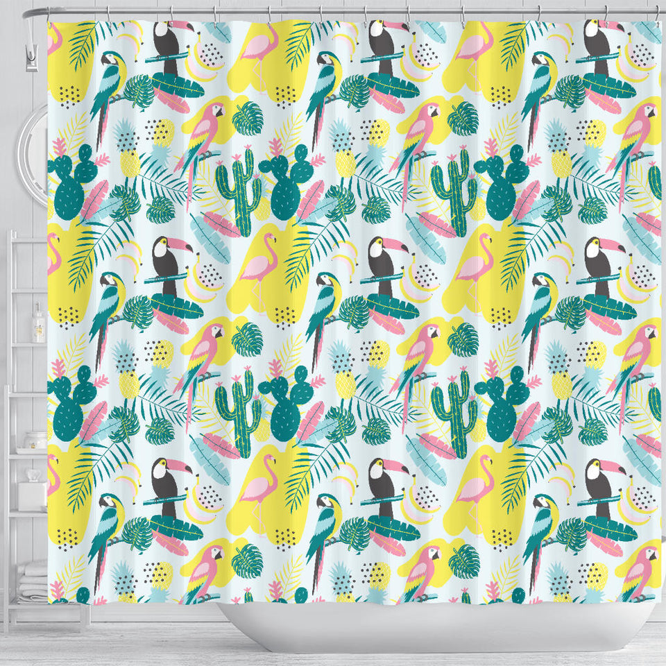 Cute Parrot Toucan Flamingo Cactus Exotic Leaves Pattern Shower Curtain Fulfilled In US