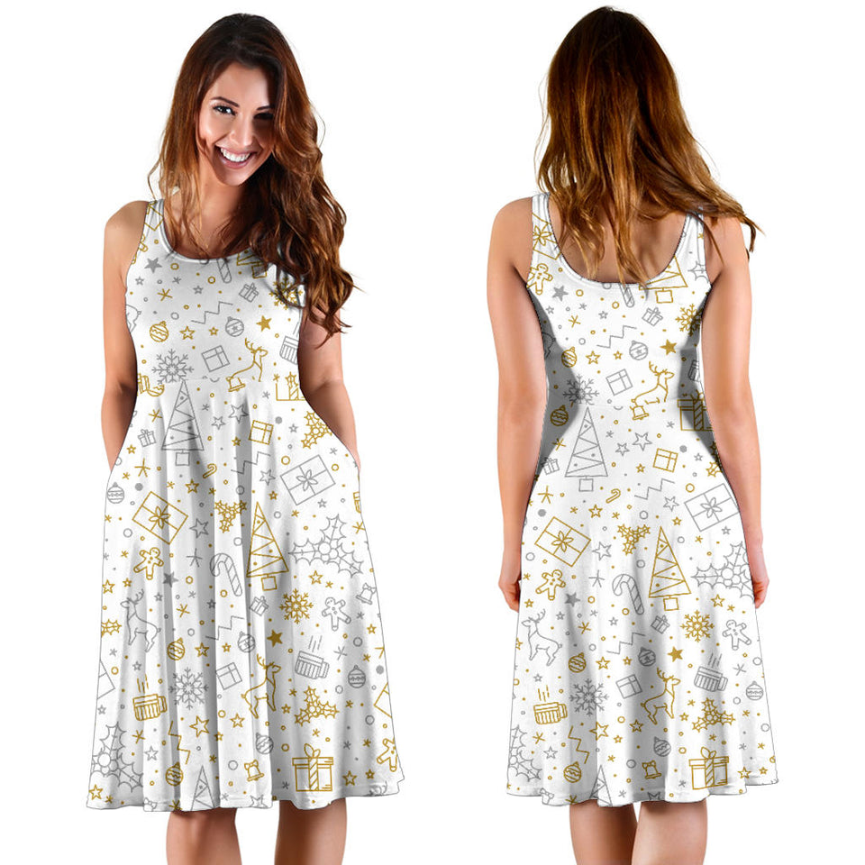 Christmas Tree Christmas Element Silver Gold Pattern Sleeveless Midi Dress