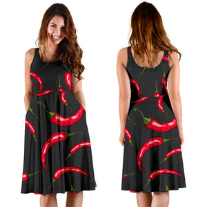 Chili Peppers Pattern Black Background Sleeveless Midi Dress