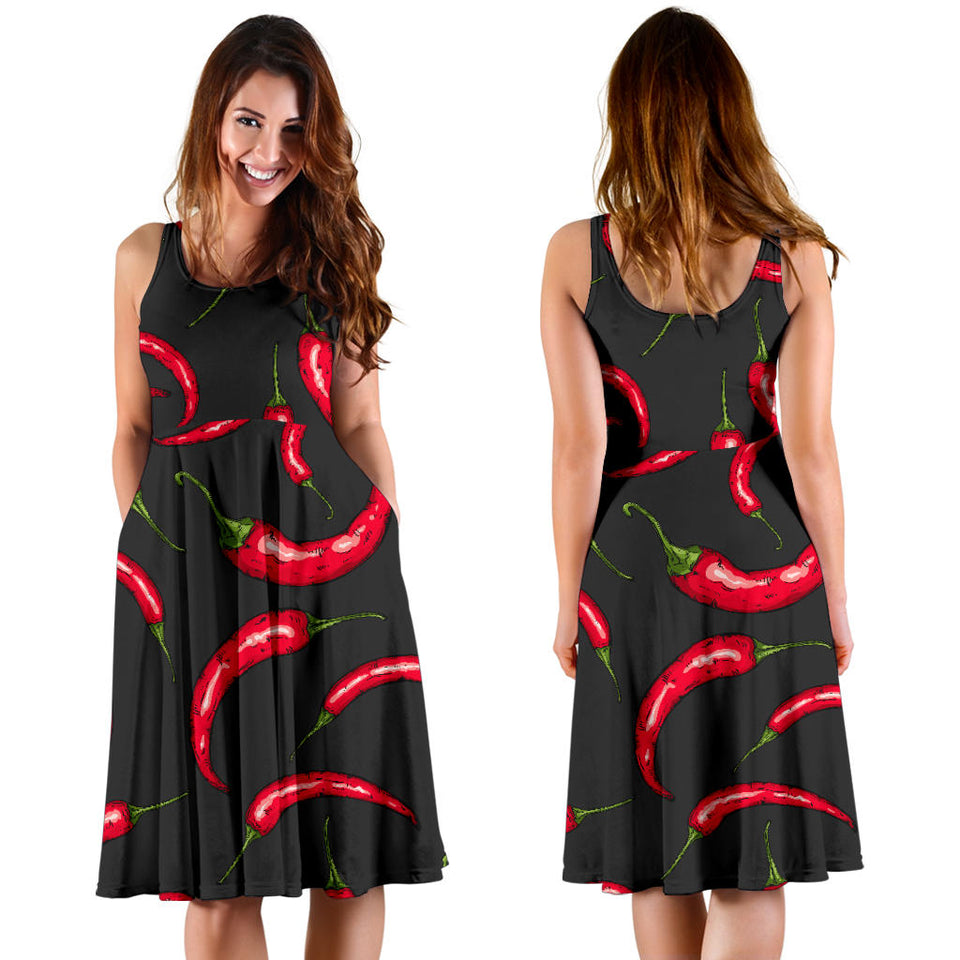 Chili Peppers Pattern Black Background Sleeveless Midi Dress
