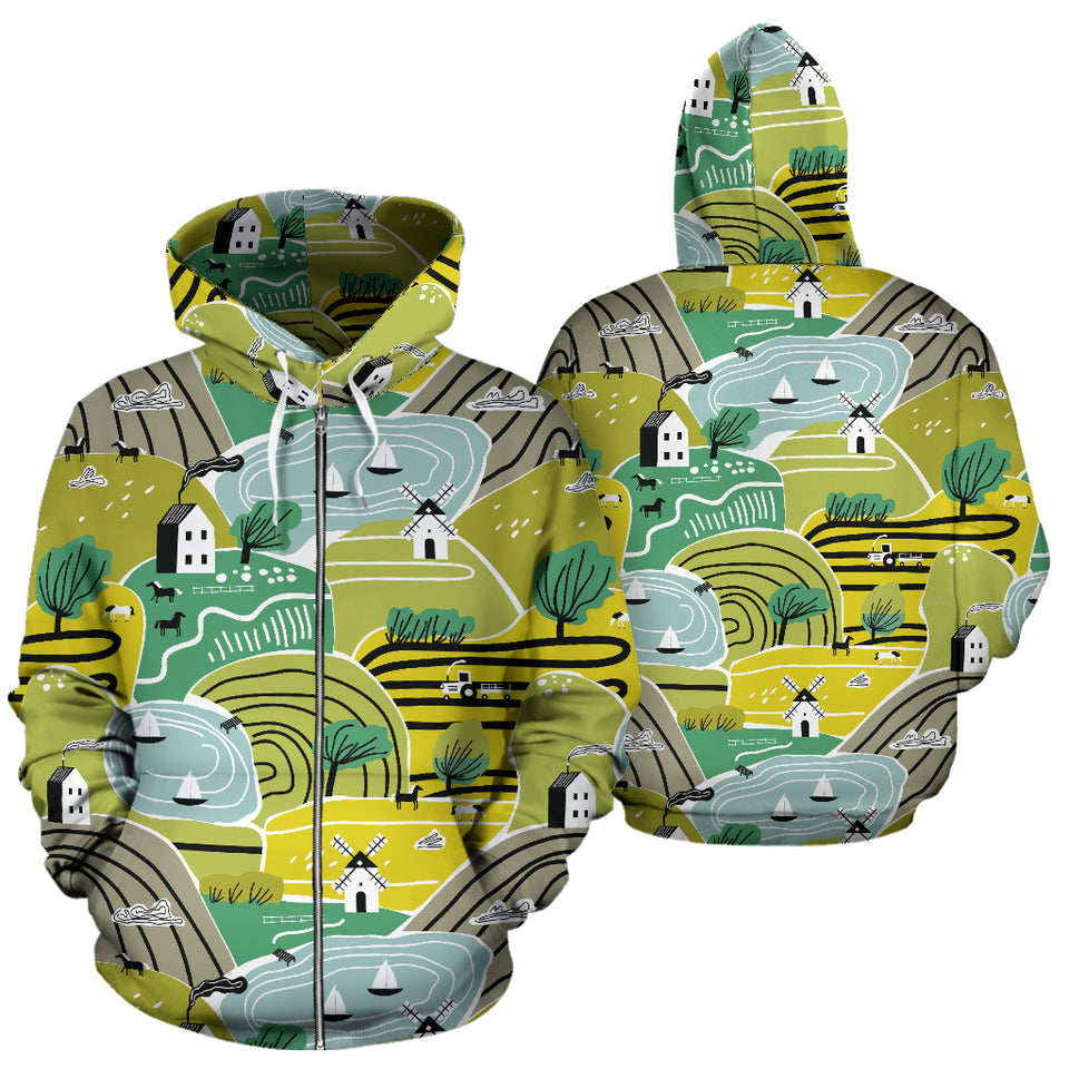Hand Drawn Windmill Pattern Zip Up Hoodie