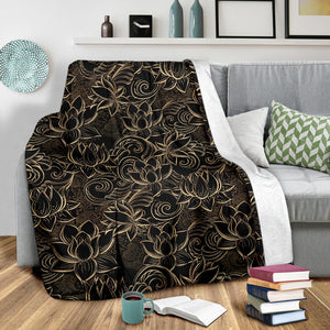 Luxurious Gold Lotus Waterlily Black Background Premium Blanket