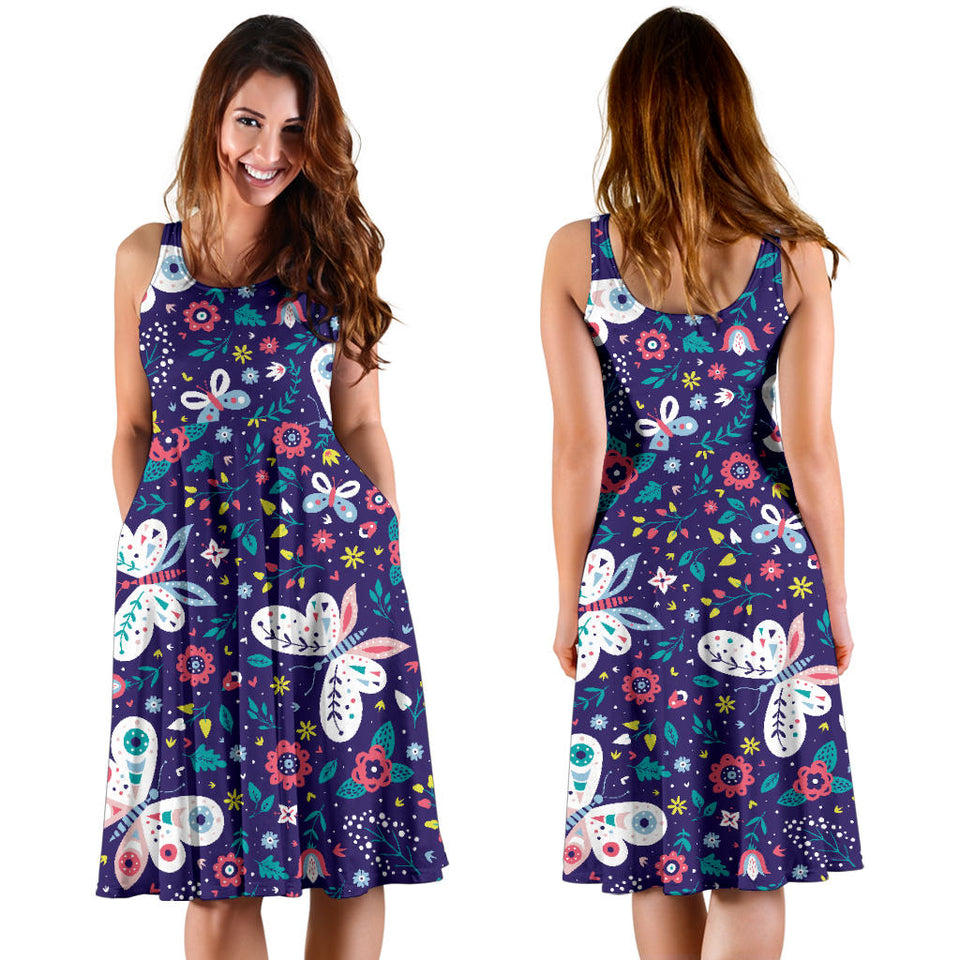 Colorful Butterfly Flower Pattern Sleeveless Midi Dress