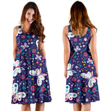 Colorful Butterfly Flower Pattern Sleeveless Midi Dress