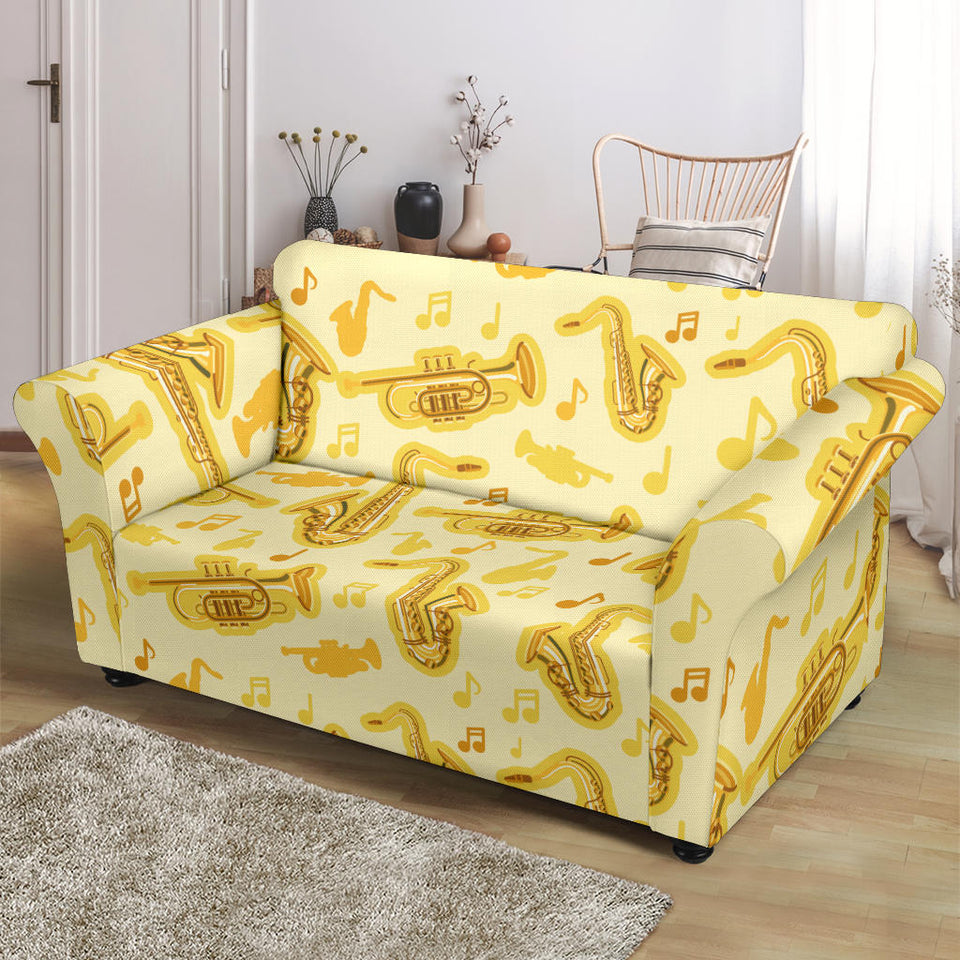 Saxophone Cornet Pattern Yellow Background Loveseat Couch Slipcover