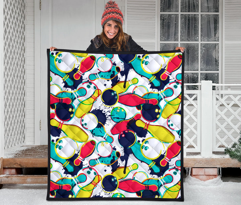 Watercolor Bowling Ball Pins Premium Quilt