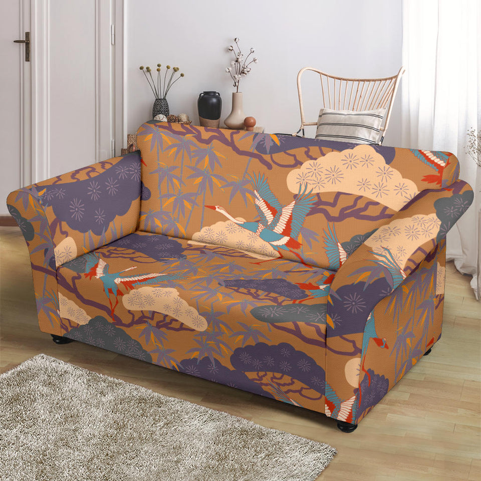 Bonsai Bamboo Stork Japanese Pattern Brown Theme Loveseat Couch Slipcover