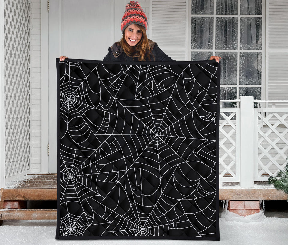 Spider Web Pattern Black Background White Cobweb Premium Quilt