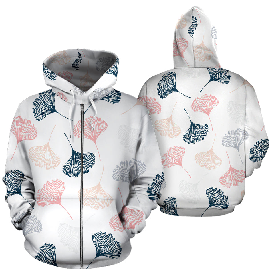 Black Gray Cream Coral Ginkgo Leaves Pattern Zip Up Hoodie