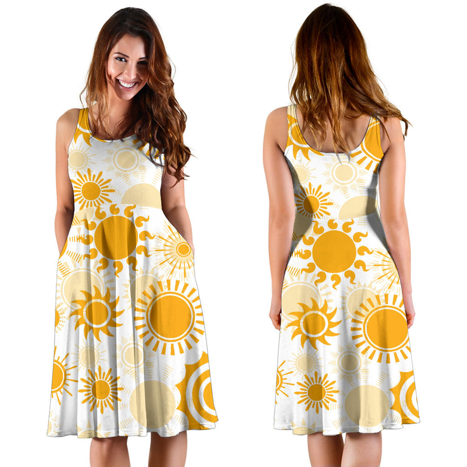 Sun Design Pattern Sleeveless Midi Dress