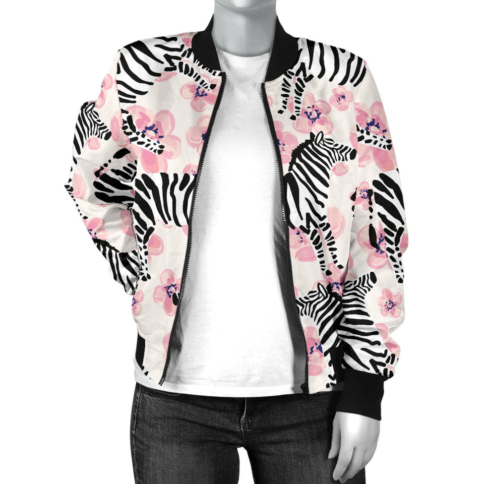 Zebra Pink Flower Background Women'S Bomber Jacket