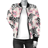 Zebra Pink Flower Background Women'S Bomber Jacket