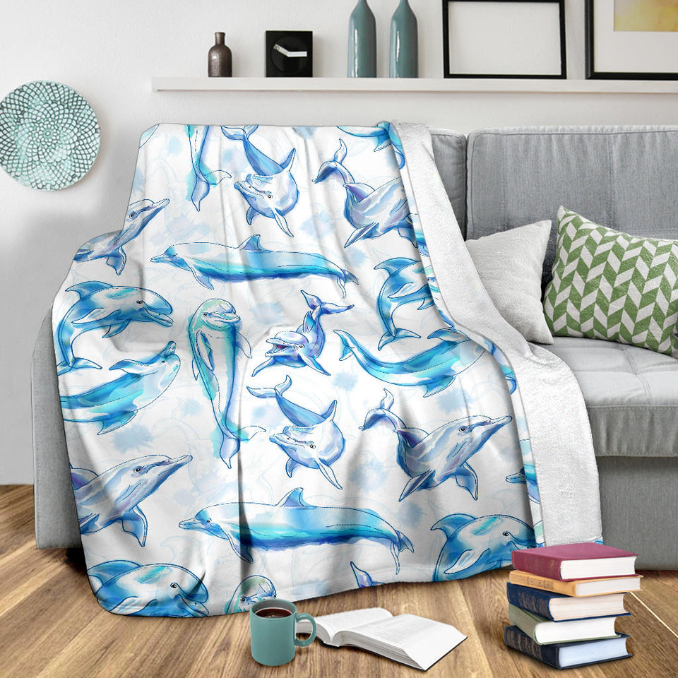 Watercolor Dolphin Pattern Premium Blanket