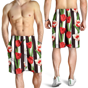 Red And White Tulips Pattern Men Shorts