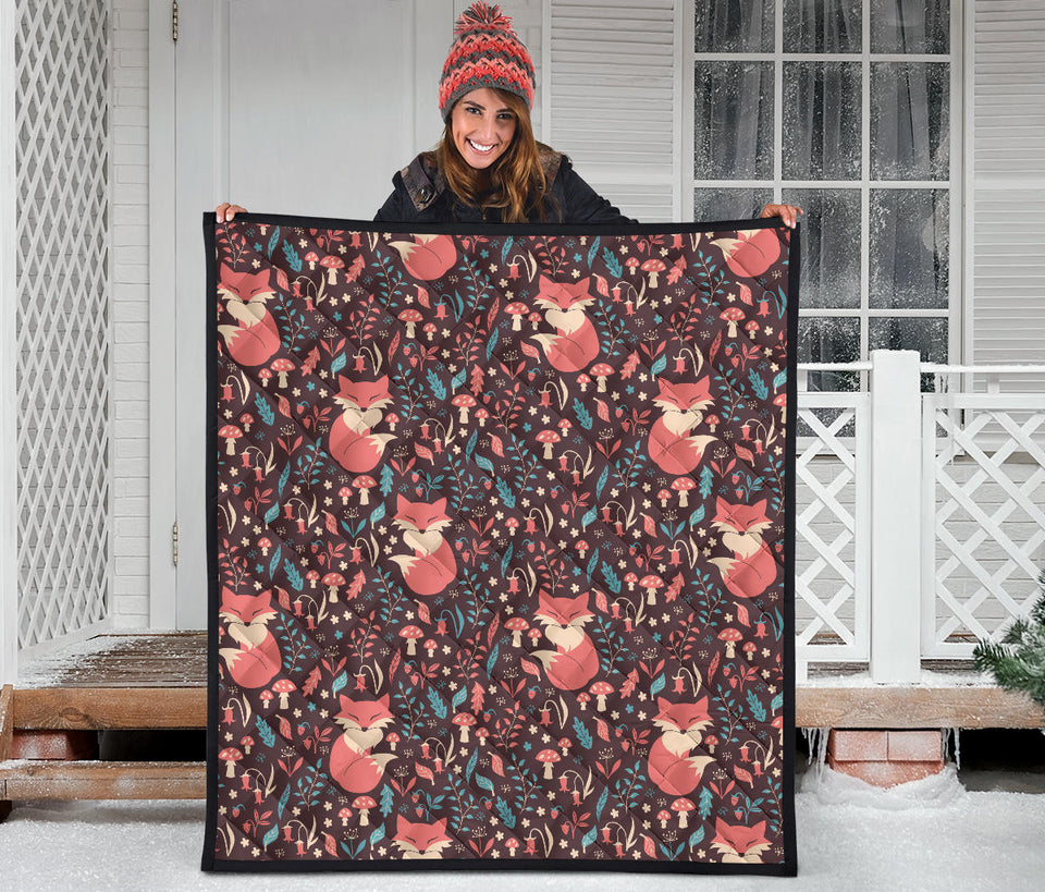 Fox Leaves Mushroom Pattern Premium Quilt