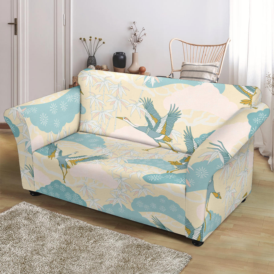 Bonsai Bamboo Stork Japanese Pattern Cream Theme Loveseat Couch Slipcover