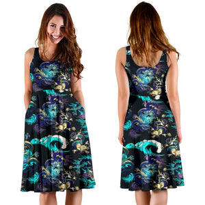 Dragon Sea Wave Pattern Sleeveless Midi Dress