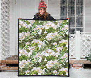 White Orchid Flower Tropical Leaves Pattern Premium Quilt