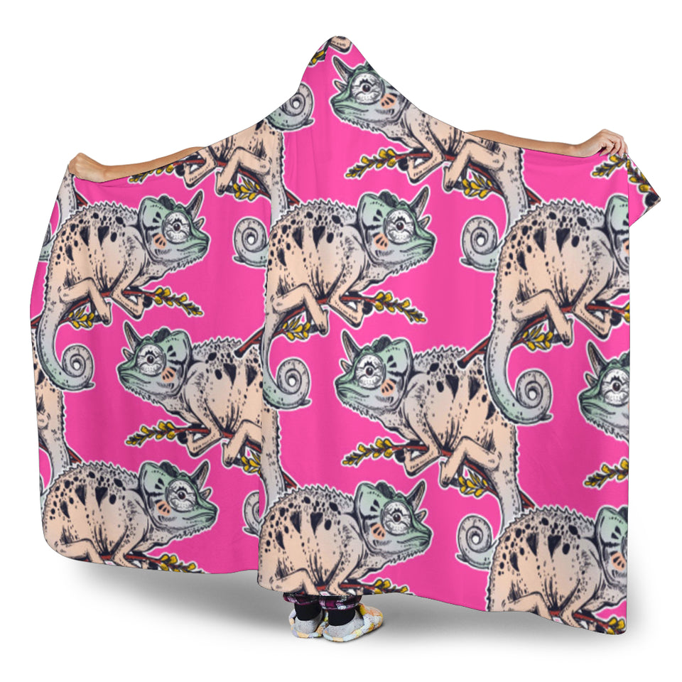 Chameleon Lizard Pattern Pink Background Hooded Blanket