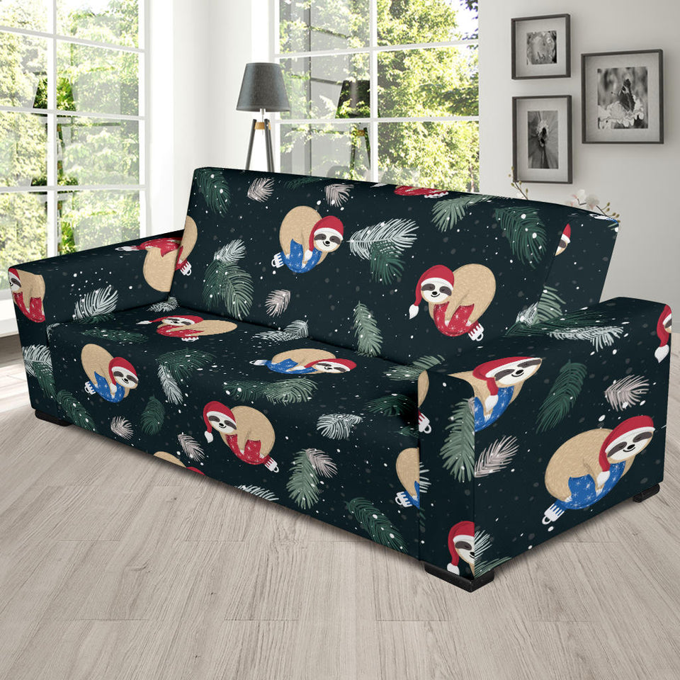 Cute Sloths Sleeping Christmas Ball Santa Hat Pattern Sofa Slipcover