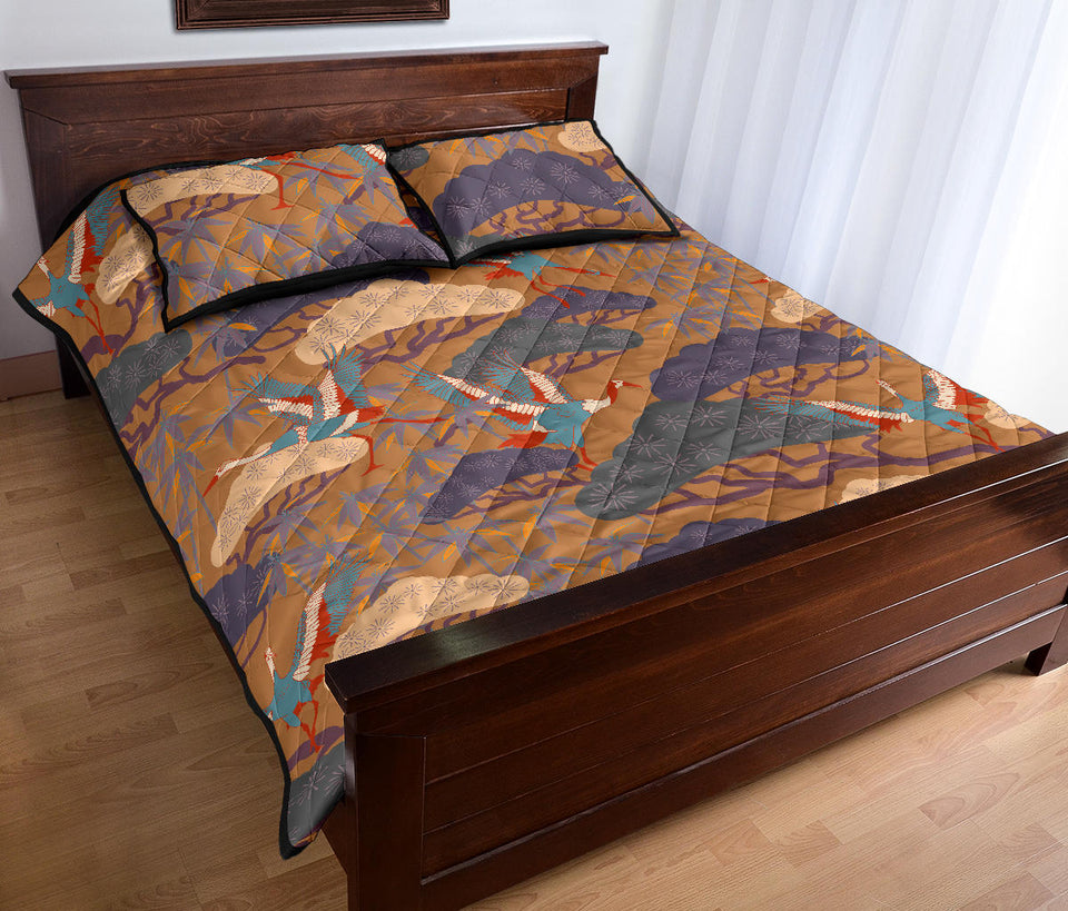 Bonsai bamboo stork japanese pattern brown theme Quilt Bed Set