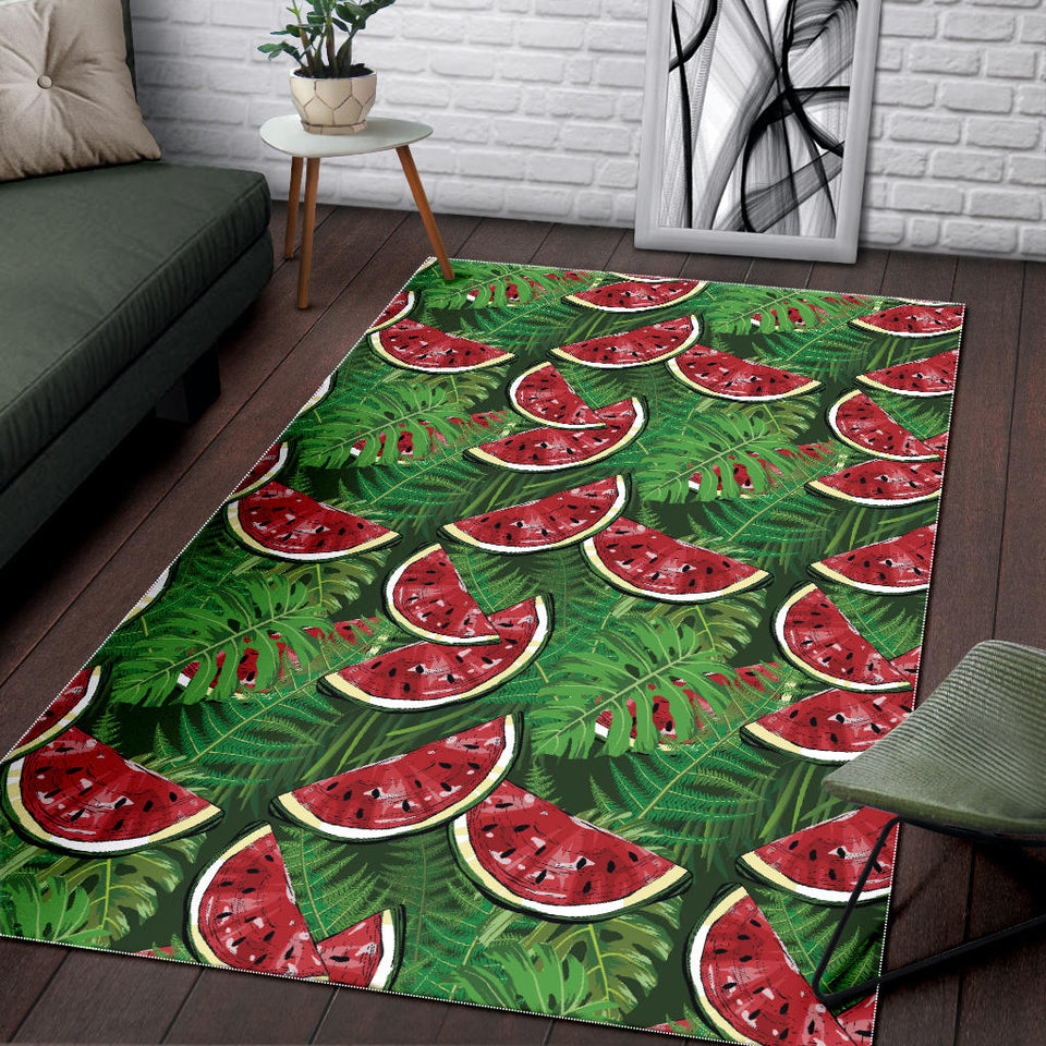 Watermelons Tropical Palm Leaves Pattern Background Area Rug