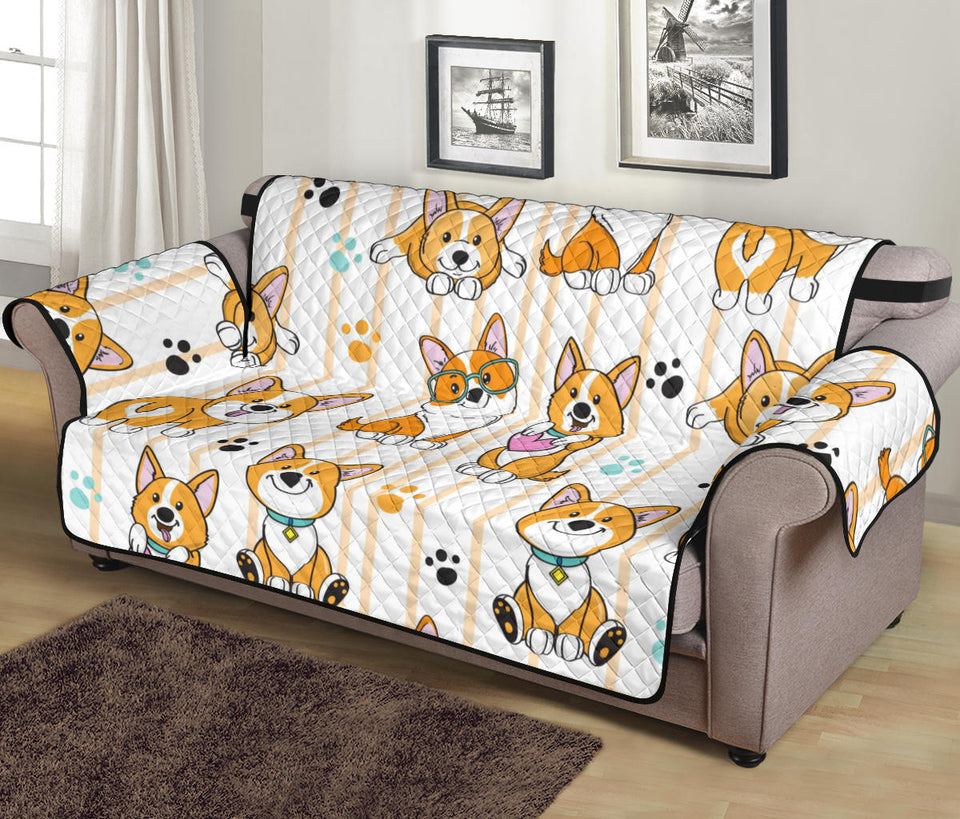 Cute dog corgi striped background pattern Sofa Cover Protector