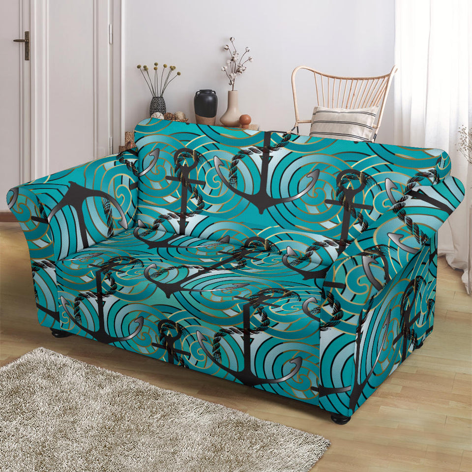 Anchor Nautical Green Background Loveseat Couch Slipcover