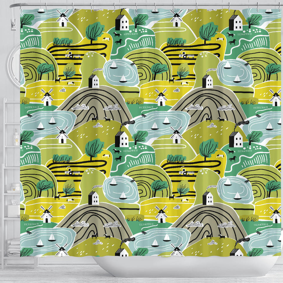 Hand Drawn Windmill Pattern Shower Curtain Fulfilled In US