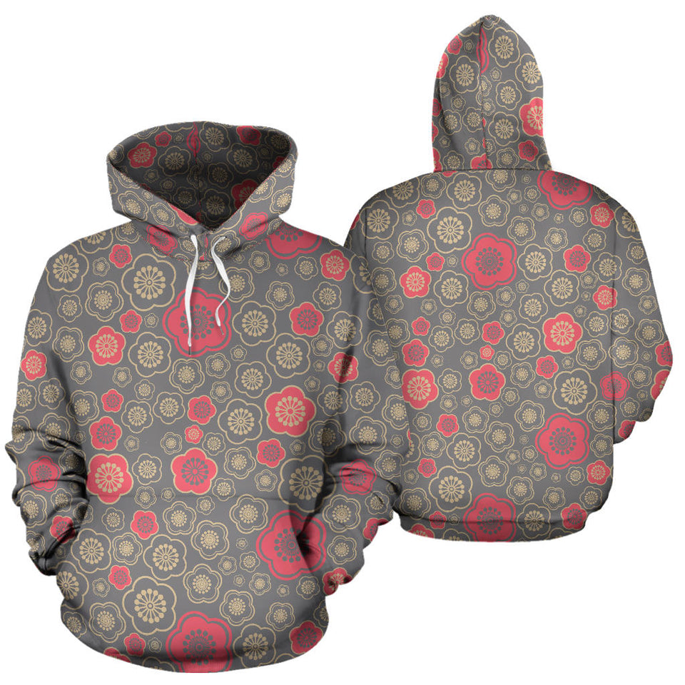 Red Gold Sakura Cherry Blossom Gray Background Men Women Pullover Hoodie
