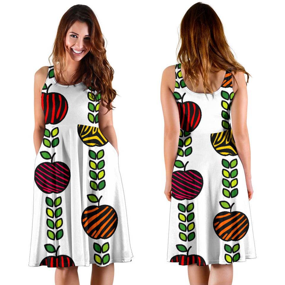 Colorful Apples Leave Zebra Stripe Sleeveless Midi Dress