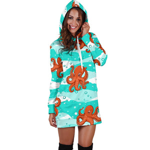 Octopuses Sea Wave Background Women'S Hoodie Dress
