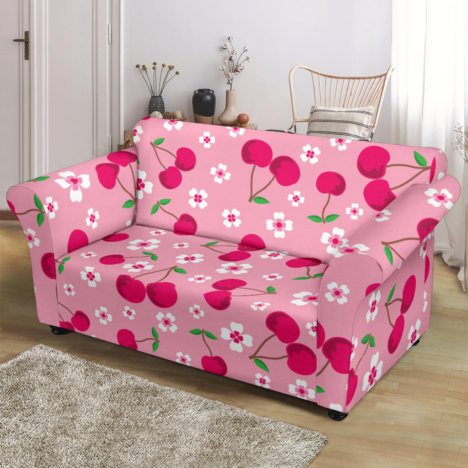 Cherry Flower Pattern Pink Background Loveseat Couch Slipcover
