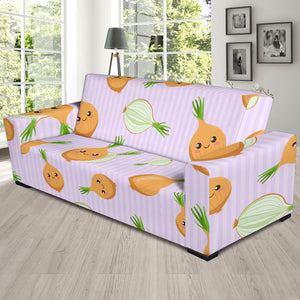Cute Onions Smiling Faces Purple Background Sofa Slipcover