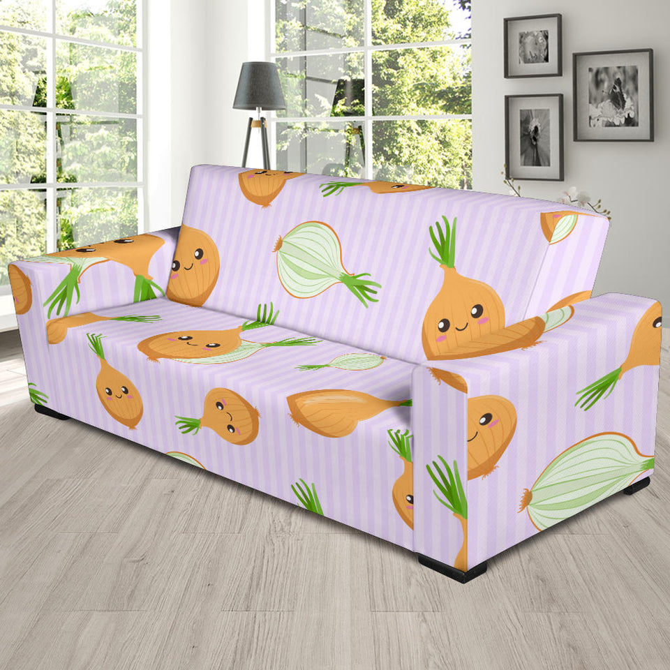 Cute Onions Smiling Faces Purple Background Sofa Slipcover